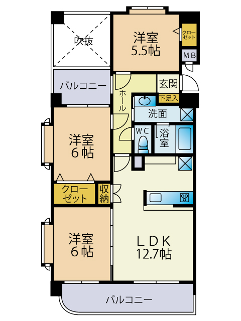室内間取図。オール洋室へリノベーション済。現況を優先いたします。